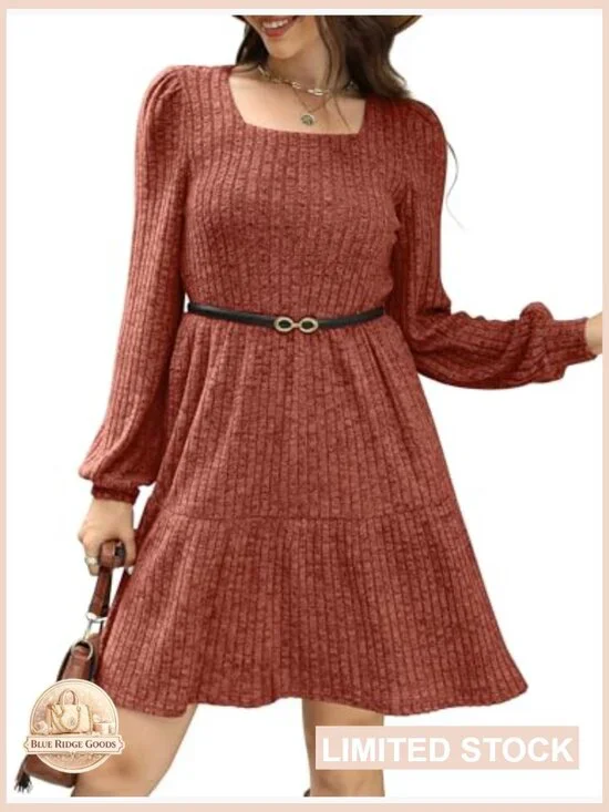 Square Neck Babydoll Sweater Dress Long Sleeve Flowy Casual Fall Fashion - Picture 4 of 7